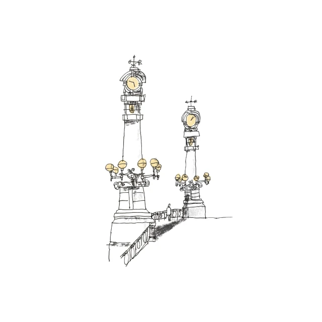 Illustration featuring two vintage clock towers on plinths with ornate street lamps, rendered in a monochrome sketch style on a white background.