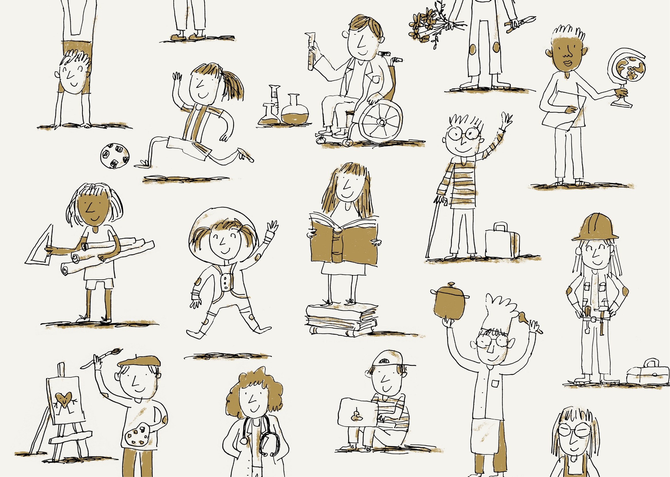 Illustrated cartoon children dressed in various professional costumes: astronaut, chef, scientist, artist, construction worker, soccer player.