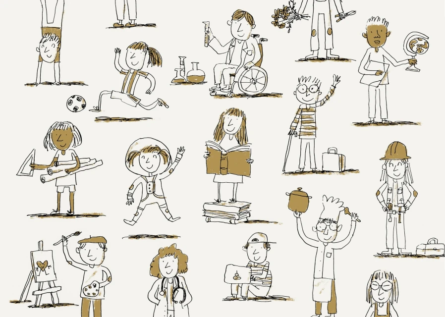 Illustrated cartoon children dressed in various professional costumes: astronaut, chef, scientist, artist, construction worker, soccer player.