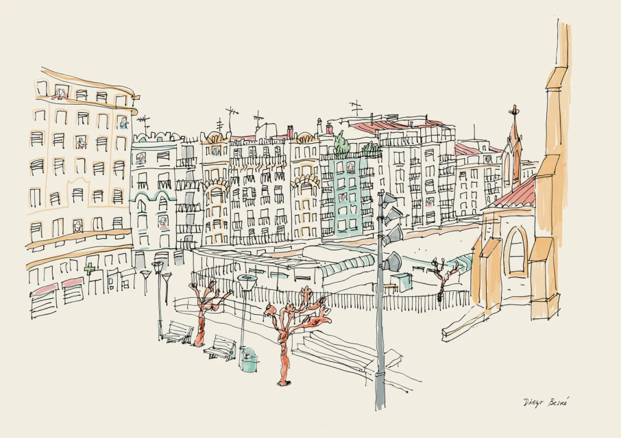 Cityscape illustration featuring buildings, street lamps, benches, and a church, rendered in a sketch style with muted colors.