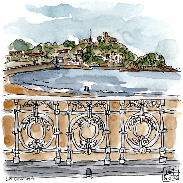 Watercolor painting of La Concha Bay with a decorative railing in the foreground, featuring a sandy beach, calm sea, and coastal buildings.