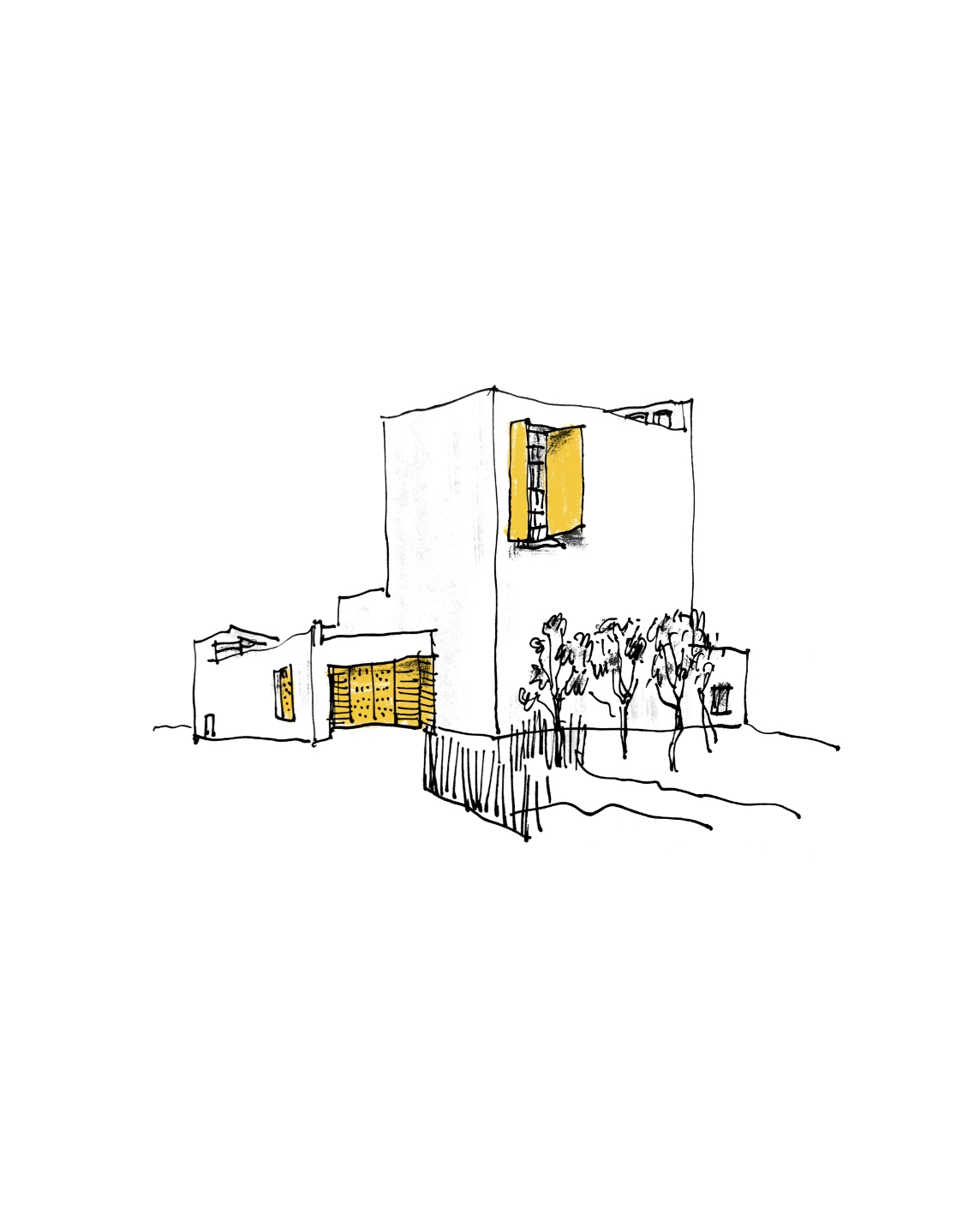 Architectural sketch of a two-story white building with yellow windows and door, surrounded by trees and foliage against a white background.