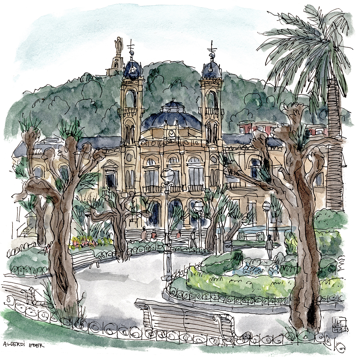 Watercolor art featuring the Gran Casino in San Sebastián, Spain, overlooking a public park and backed by a lush green mountain landscape.