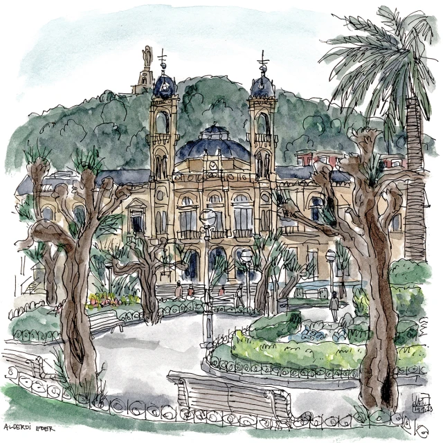 Watercolor art featuring the Gran Casino in San Sebastián, Spain, overlooking a public park and backed by a lush green mountain landscape.