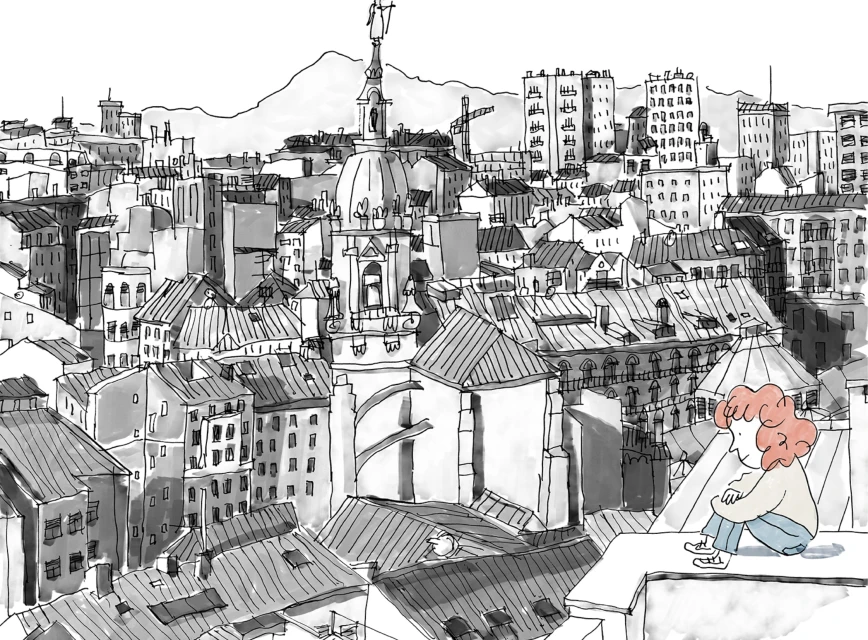 Illustration of a red-haired person seated on a rooftop, overlooking a cityscape with buildings and a mountain range in the background.