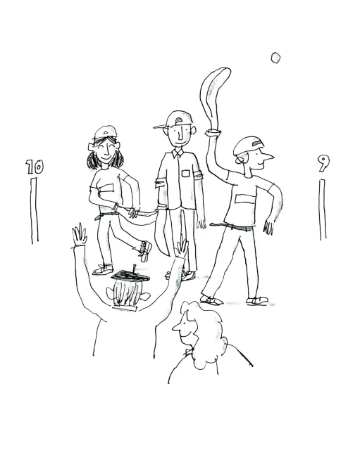 Illustration of five people in baseball caps with drawn black lines on a white background, with numbers nine and ten in the background.