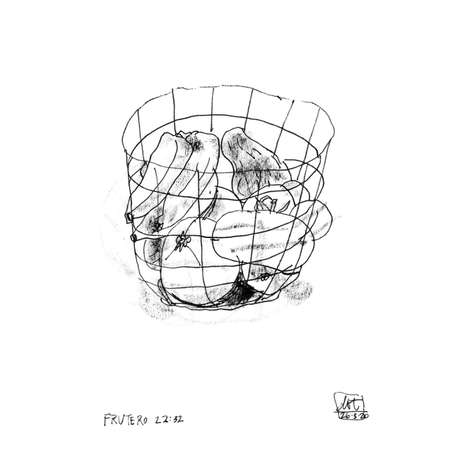 Sketch art of a wire basket filled with various fruits, showcasing artistic technique and simple composition.