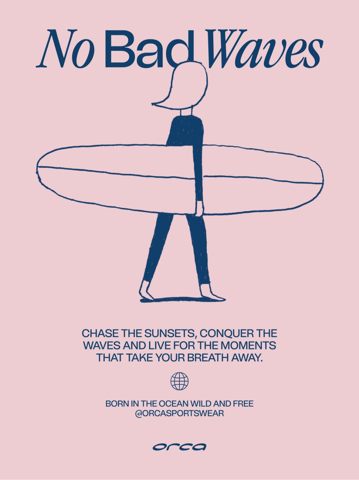 Illustrated woman carries surfboard on beach with 'No Bad Waves' text. Vector style with pink background. Sportswear marketing.