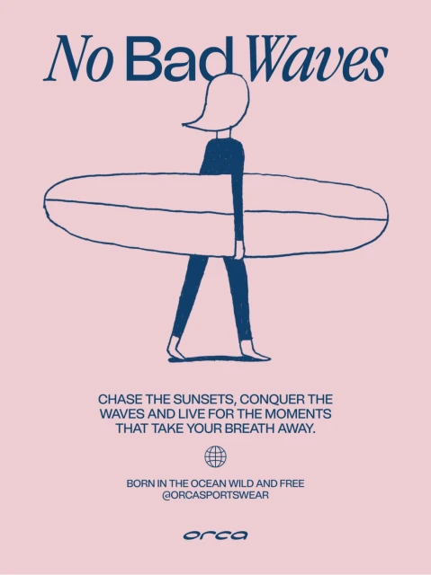 Illustrated woman carries surfboard on beach with 'No Bad Waves' text. Vector style with pink background. Sportswear marketing.