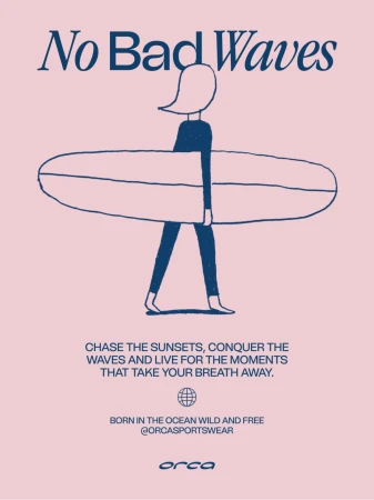 Illustrated woman carries surfboard on beach with 'No Bad Waves' text. Vector style with pink background. Sportswear marketing.