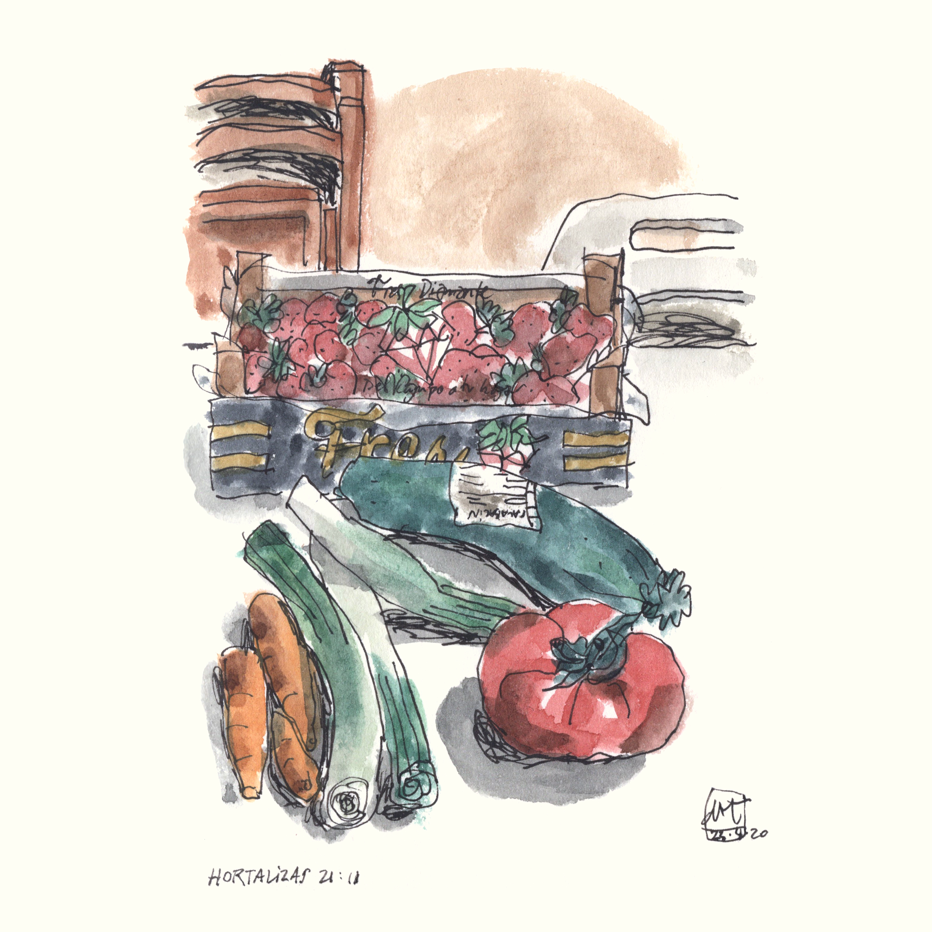 Illustration of crate with strawberries, zucchini, carrots, leeks, and a tomato in an artistic style with visible brushstrokes and ink outlines.