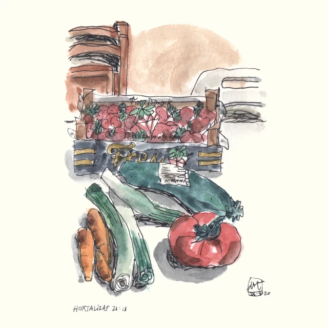 Illustration of crate with strawberries, zucchini, carrots, leeks, and a tomato in an artistic style with visible brushstrokes and ink outlines.