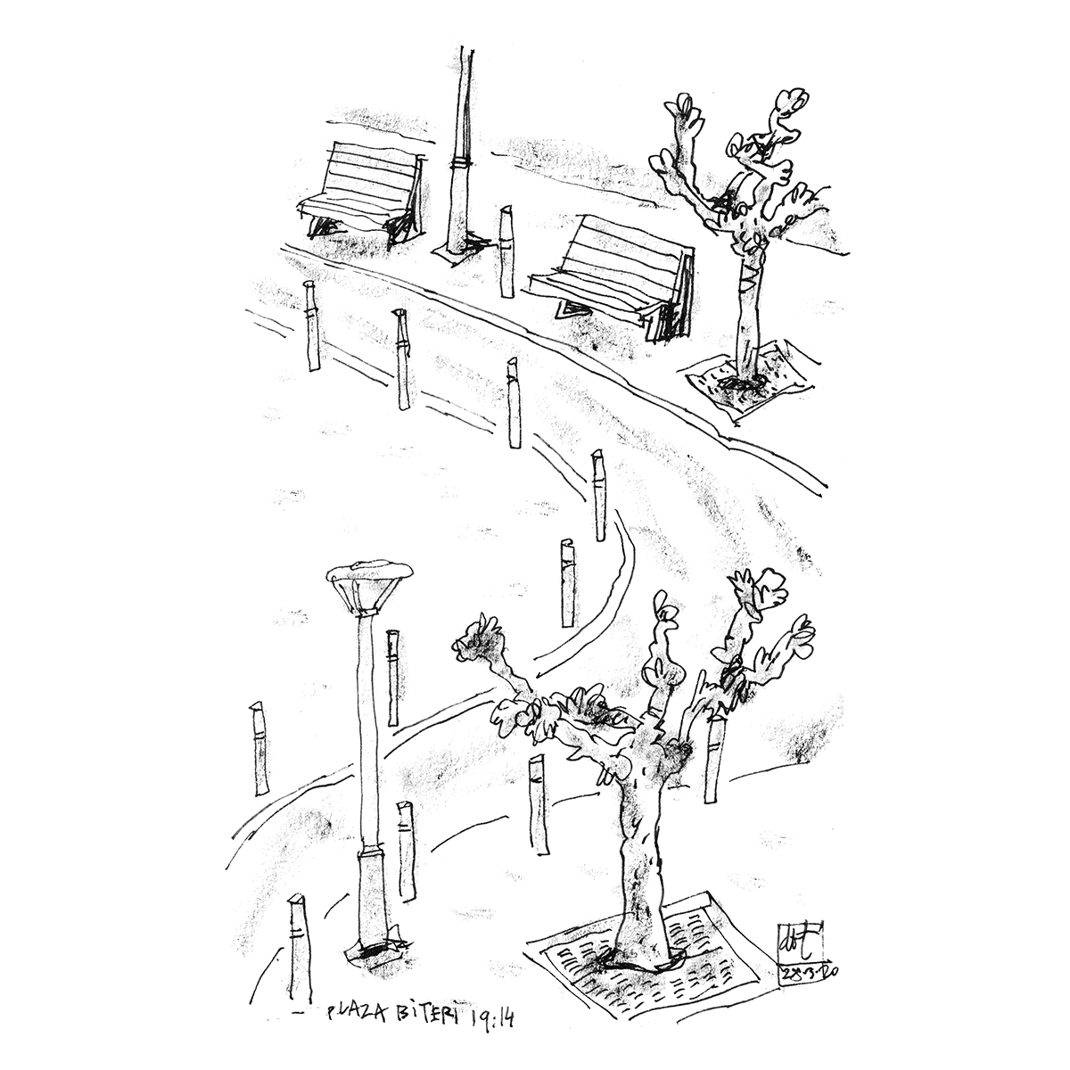 Ink sketch of Plaza Biteri depicting trees, benches, and lampposts along a streetscape with architectural details in black and white.