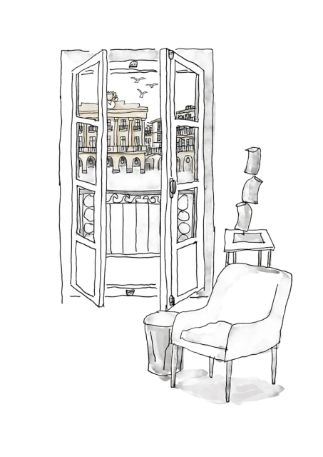 Illustration of a white armchair and side table next to an open window with a building view and birds in flight.