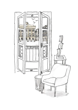 Illustration of a white armchair and side table next to an open window with a building view and birds in flight.