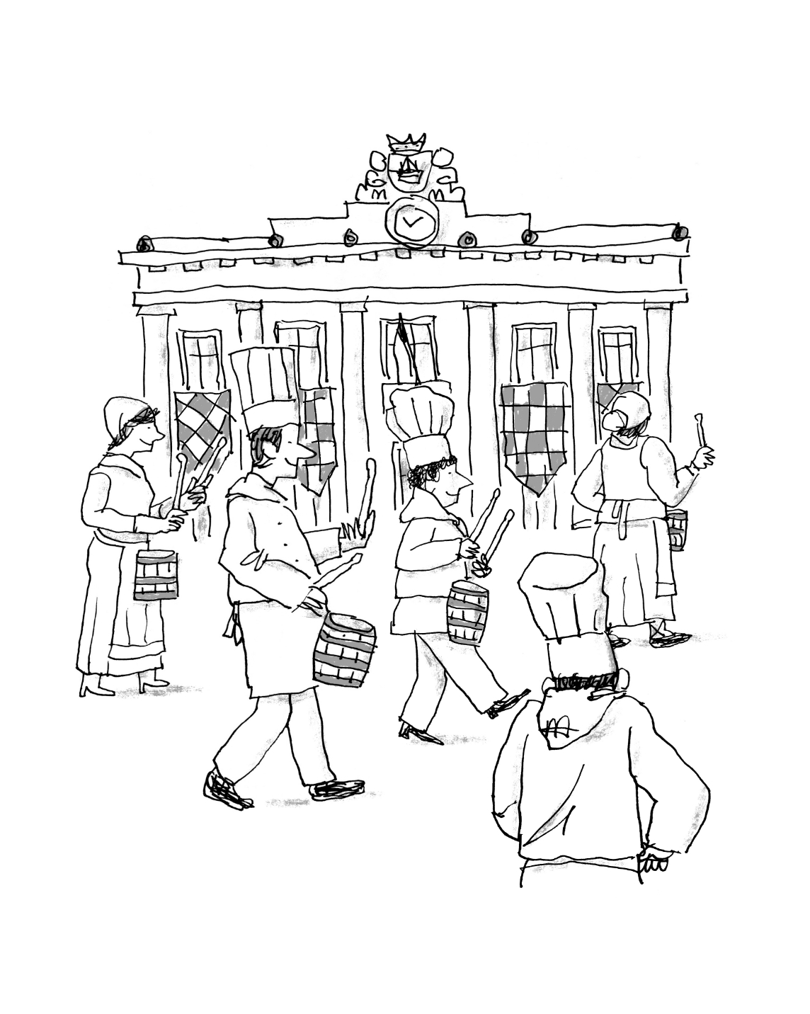 Whimsical illustration features cooks in chef hats marching outdoors with drums near a building, conveying a lighthearted, culinary parade.