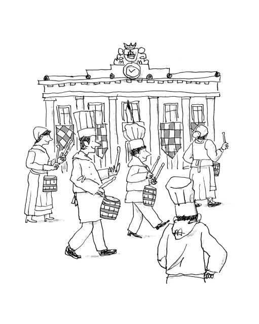 Whimsical illustration features cooks in chef hats marching outdoors with drums near a building, conveying a lighthearted, culinary parade.
