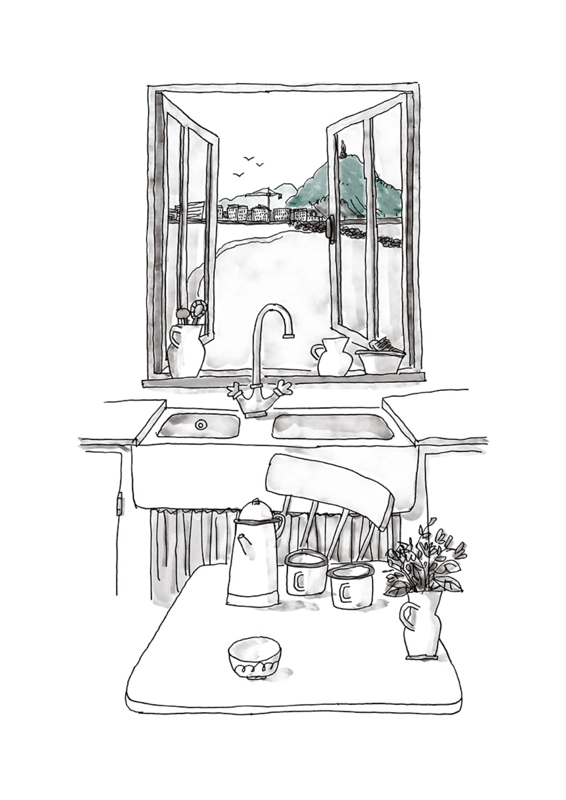 Watercolor-style illustration of a kitchen interior featuring a table setting, a window view of the sea, and a mountain landscape.