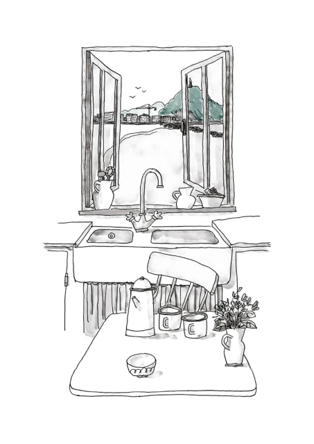 Watercolor-style illustration of a kitchen interior featuring a table setting, a window view of the sea, and a mountain landscape.