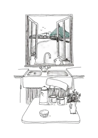 Watercolor-style illustration of a kitchen interior featuring a table setting, a window view of the sea, and a mountain landscape.