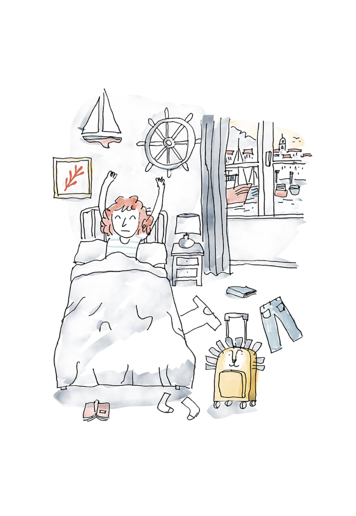 Illustration of a young woman waking up in a bedroom with travel suitcase, with a ship and buildings visible through the window.