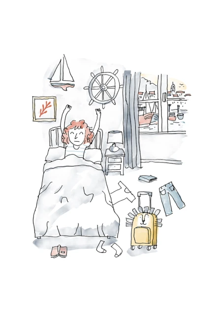 Illustration of a young woman waking up in a bedroom with travel suitcase, with a ship and buildings visible through the window.