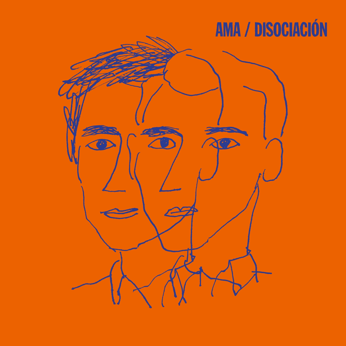 Stylized illustration of three male faces in blue lines on an orange background. Album cover art. Modern design.