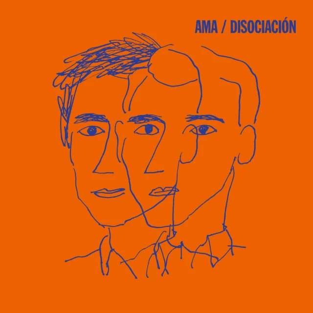 Stylized illustration of three male faces in blue lines on an orange background. Album cover art. Modern design.