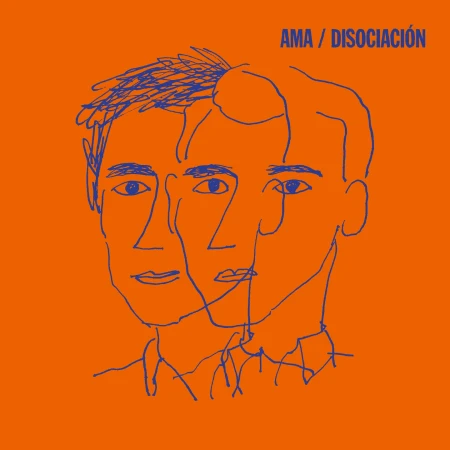 Stylized illustration of three male faces in blue lines on an orange background. Album cover art. Modern design.