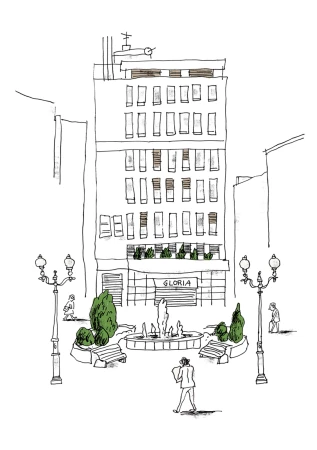 Architectural drawing of a multi-story building with a plaza and fountain, rendered in a hand-drawn style with minimal color.