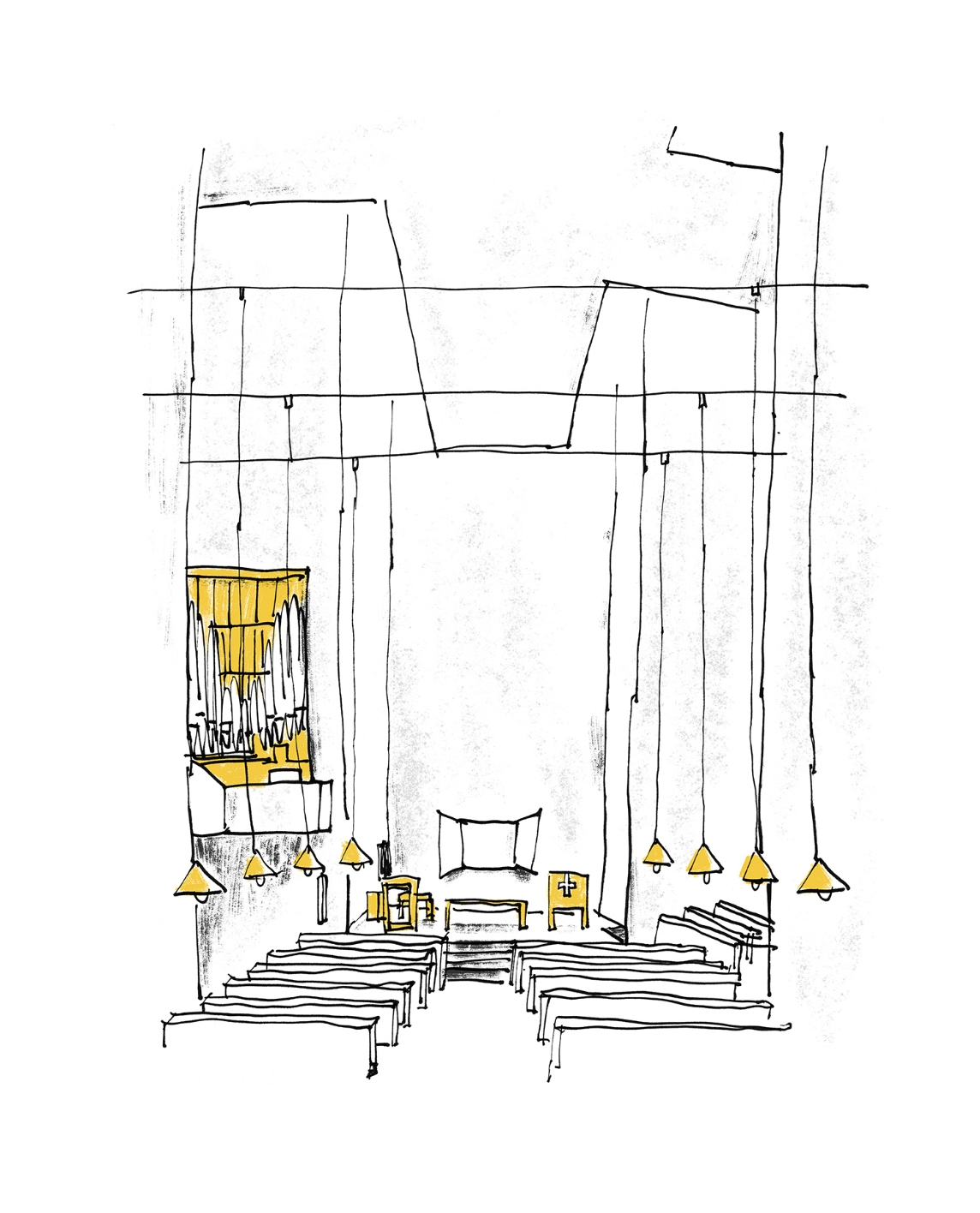 Architectural sketch of a church interior featuring pews, an organ, and hanging lights, rendered with minimalist black lines and gold accents.