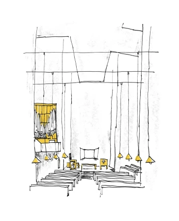 Architectural sketch of a church interior featuring pews, an organ, and hanging lights, rendered with minimalist black lines and gold accents.