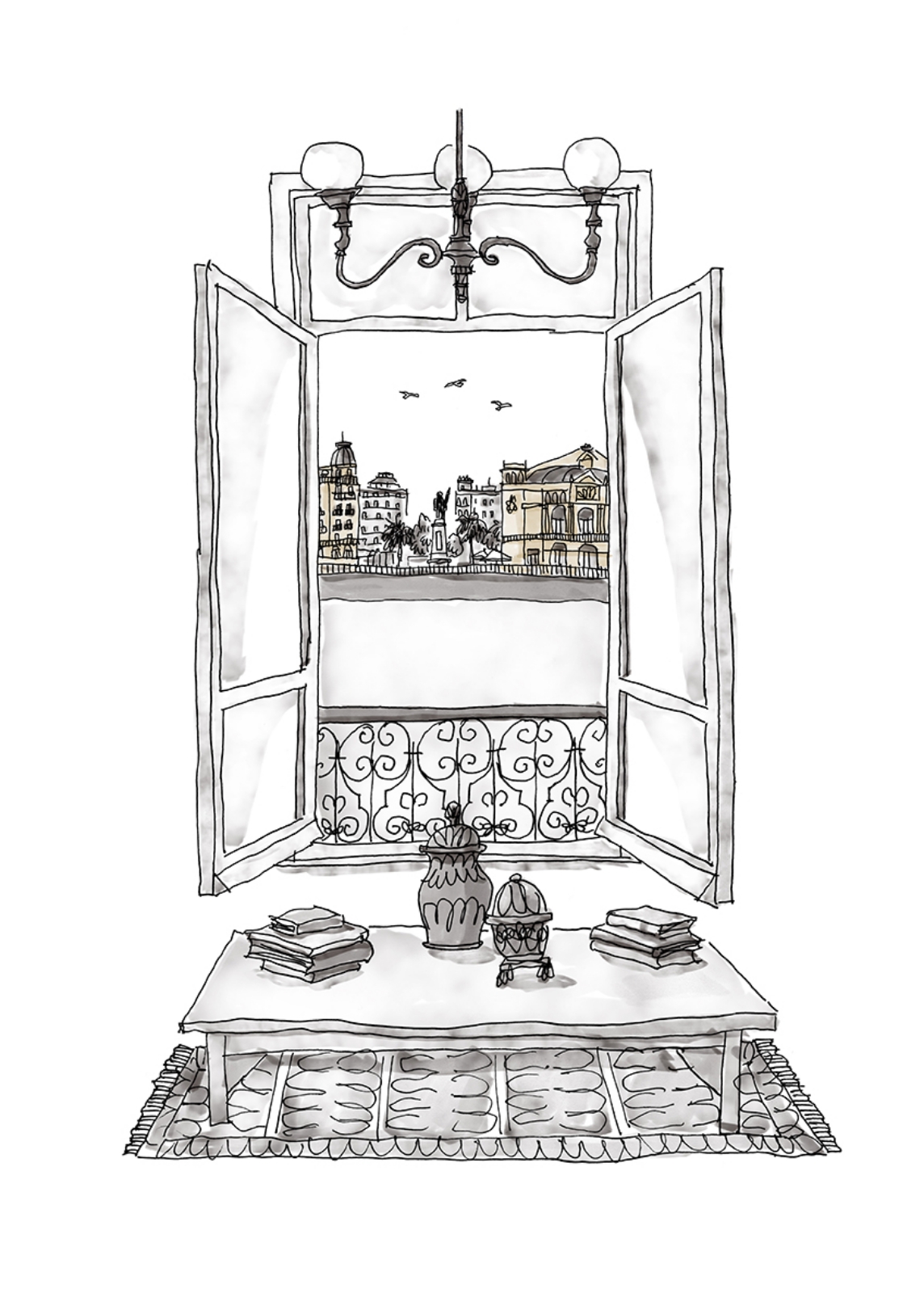 Illustration of an open window overlooking a city with a table in the foreground holding a vase, books, and a decorative object.