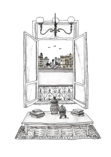 Illustration of an open window overlooking a city with a table in the foreground holding a vase, books, and a decorative object.