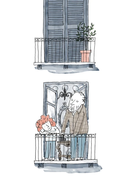 Illustration of an elderly man and a young girl standing on a balcony with shuttered windows and a potted plant above them.