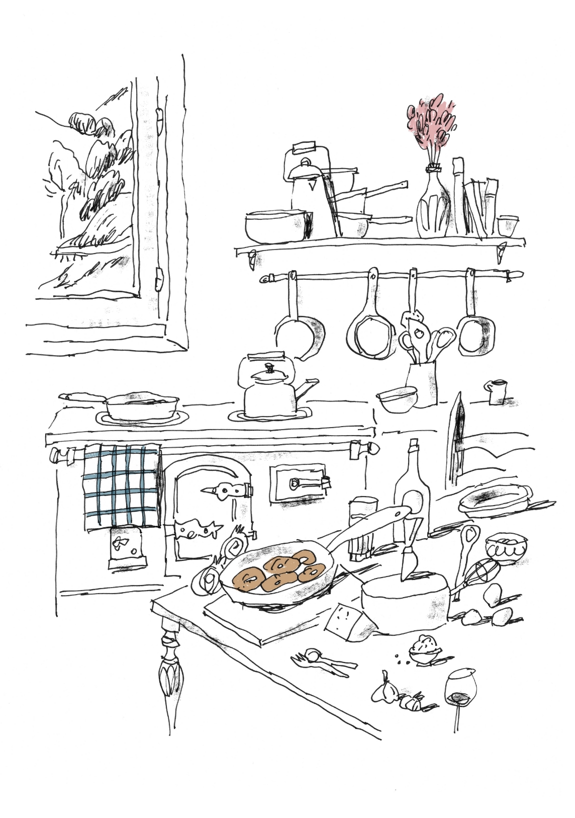 Hand-drawn kitchen illustration with stove, pots, table with donuts, and a window overlooking a landscape, evoking a cozy, vintage feel.