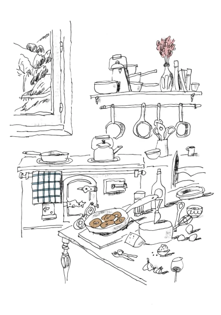 Hand-drawn kitchen illustration with stove, pots, table with donuts, and a window overlooking a landscape, evoking a cozy, vintage feel.