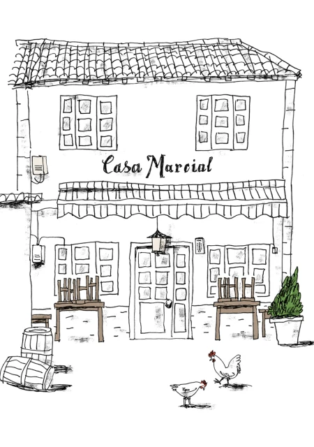 Charming hand-drawn illustration of Casa Marcial restaurant, featuring a quaint building, chickens, barrels, and lush greenery.