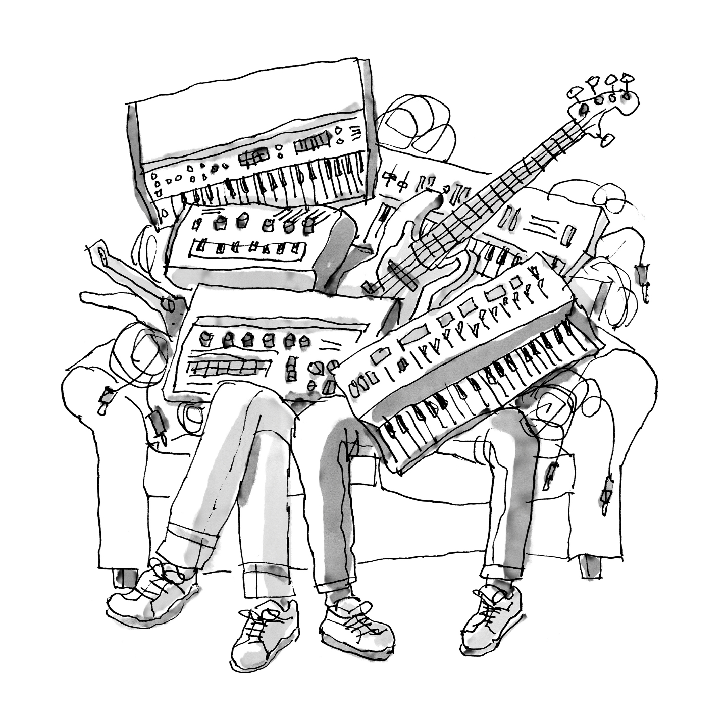 Monochrome drawing of two seated people surrounded by music keyboards and a bass guitar, capturing a whimsical musical scene.