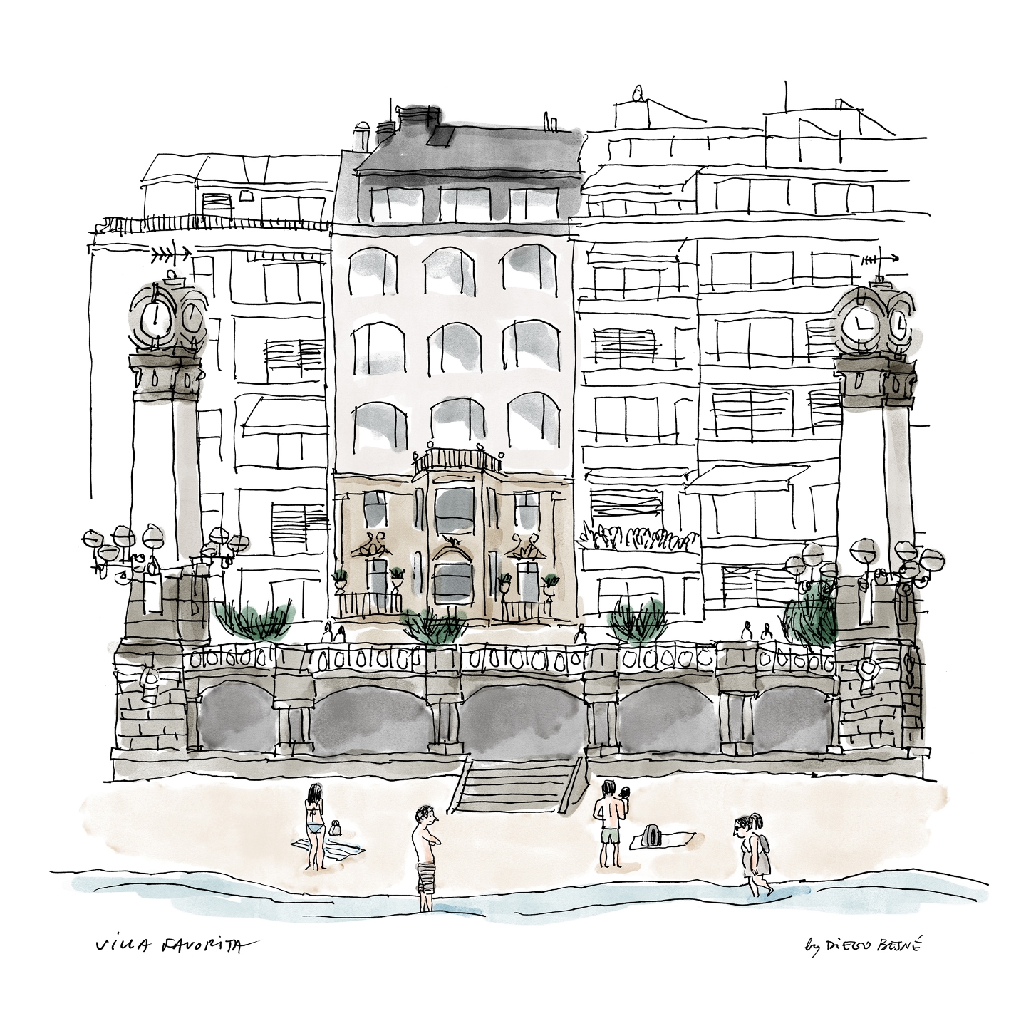 Whimsical illustration of a beachside building with clock towers, showcasing a blend of architectural detail and beach activity.