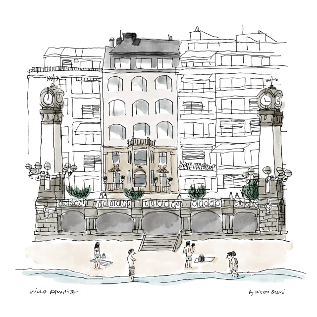 Whimsical illustration of a beachside building with clock towers, showcasing a blend of architectural detail and beach activity.