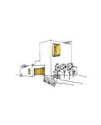 Architectural ink sketch of a minimalist modern white house with yellow window shutters against a plain white background.