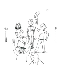 Black and white line illustration of jai alai players holding curved cestas on a court with spectators in the foreground.