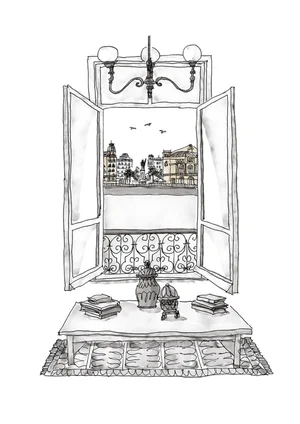 Ink sketch illustration of an open French balcony window overlooking a city square with a coffee table, books, and rug in foreground.