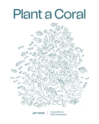Minimalist line art illustration of a coral reef surrounded by swimming fish with headline text reading Plant a Coral on a white background.