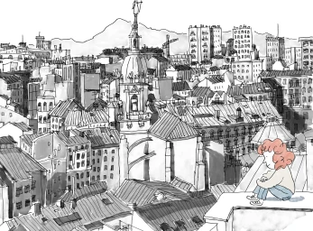 Ink and wash illustration of a girl sitting on a rooftop ledge overlooking a dense European city skyline with church towers.