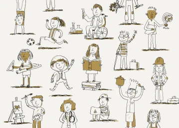 Hand-drawn line illustration of diverse children and characters depicting various careers and activities on a plain background.