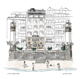 Ink and watercolor architectural sketch of Villa Favorita beachfront promenade with clock towers and beachgoers.