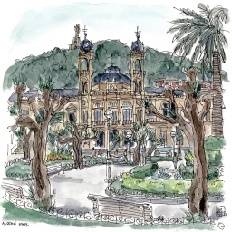 Ink and watercolor architectural illustration of a grand civic building viewed across a park with trimmed trees and park benches.