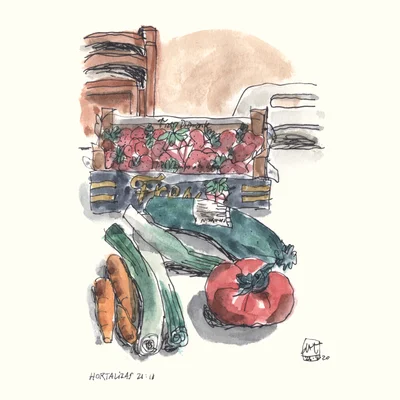 Ink and watercolor still life illustration of leeks, carrots, a tomato, and a crate of strawberries on a cream background.